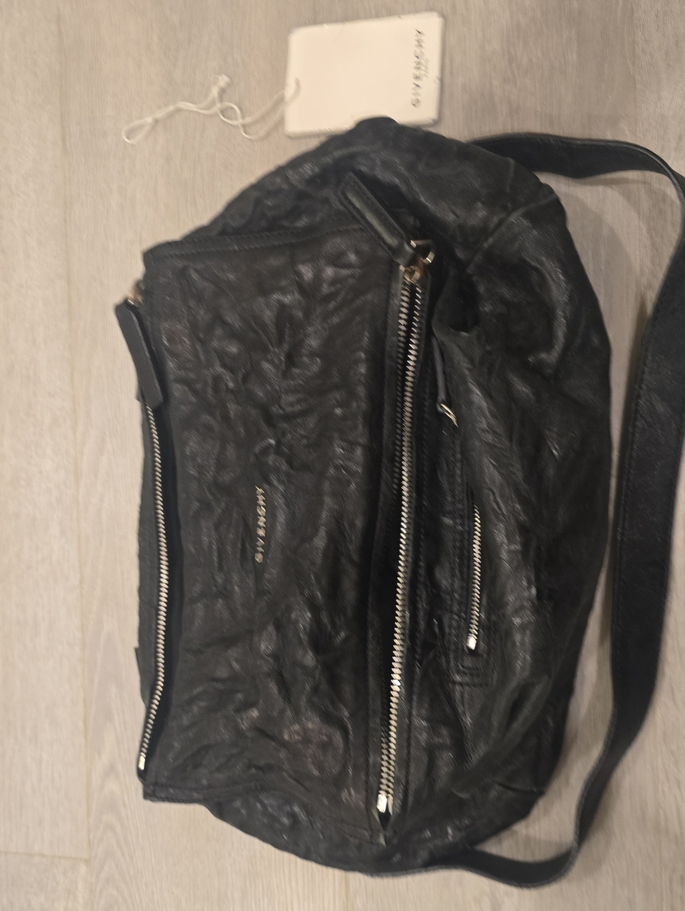 Givenchy PANDORA Black Textured Leather Crossbody with Silver Zippers-3 Pockets